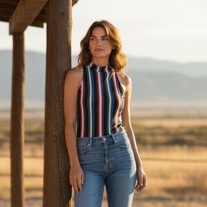 Lucky & Blessed Rainbow Stripe Bodysuit Mock Neck Sleeveless Size M NWT Festival